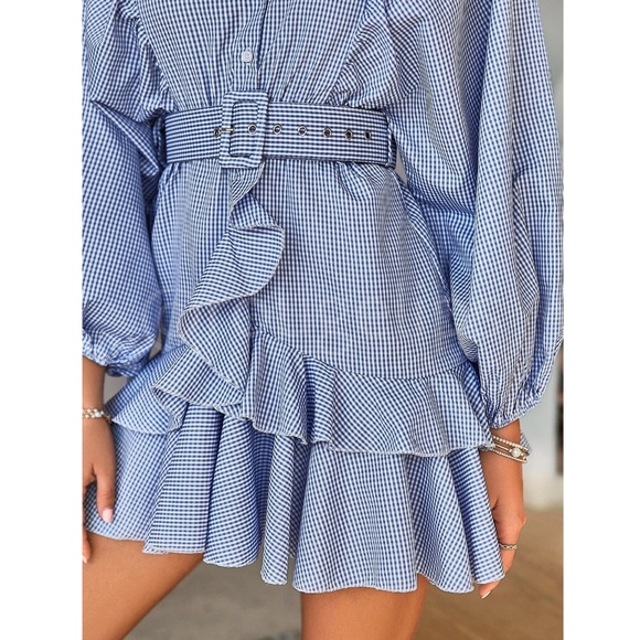 Blue White Gingham Print Belted Ruffle Detail Lantern Sleeve Mini Dress - Picture 6 of 8